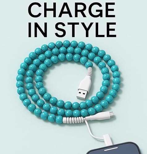 Stylish [Apple MFi Certified] Beaded Phone Charger Cable Metallic Colors USB Cable 2 in1 USB-C Charging Cord for Smartphones 3.3ft (Turquoise) thumbnail 5