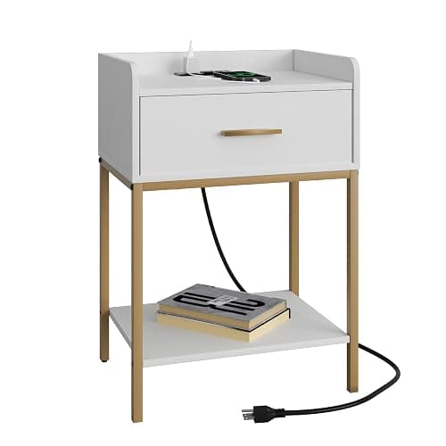 Masupu Nightstand with Charging Station,3-Tier Modern Bedside Night Stand with Storage Drawer and Shelf,Small End Side Table for Bedroom,Living Room,White thumbnail 8