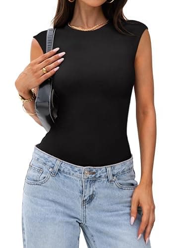 PINKMSTYLE Womens Crew Neck Sleeveless Bodysuit Double Lined Stretchy Fitted Basic Thong Body suit Tank Tops thumbnail 4