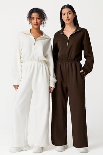 QINSEN Women's AirCotton Long-Sleeve Half-Zip High Waisted Wide Leg Jumpsuit with Pockets thumbnail 5