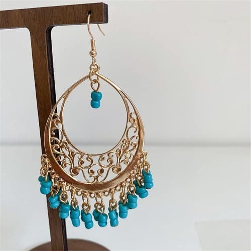 KVANU Handmade Creative Colorful Bohemian Chandelier Teardrop Bead Dangle Drop Earrings Ethnic Gypsy Beads Tassel Hoops Earrings for Women thumbnail 6