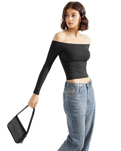SUUKSESS Women Off Shoulder Double Lined Long Sleeve Shirts Basic Going Out Tops thumbnail 5