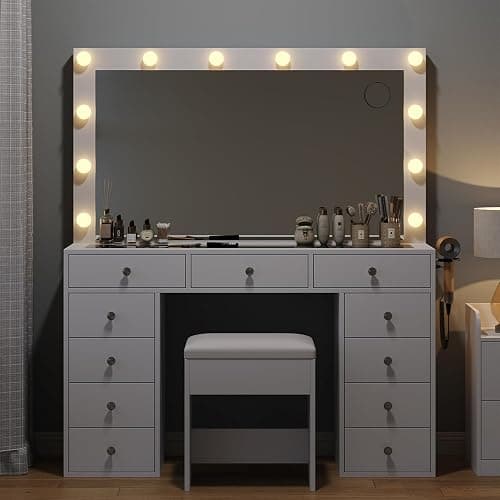 Vanity Desk with Mirror, Makeup Table with Power Outlet and 11 Lights, Set 3 Lighting Modes Brightness Adjustable, Vanity Table with 11 Drawers and Cushioned Stool for Bedroom, Dressing Room (White) thumbnail 8