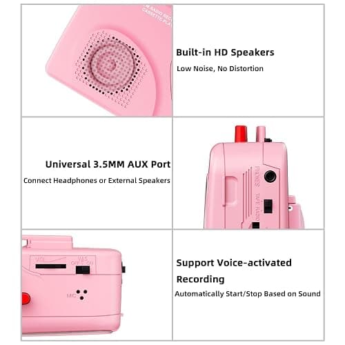 Cassette Player Tape Recorders AM/FM Radio, Portable Tape Player Records Built in Speakers Manual Record - 2AA Battery Or DC 5V Supply with 3.5MM Earphone- Pink thumbnail 4