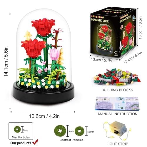 HOGOKIDS 596PCS Red Rose Flower Bouquet Building Set with LED Light & Cover | Mini Bricks Botanical Building Blocks Kits Home Decor Display for Mom Wife Girls Adults Birthday Christmas Day Gifts thumbnail 3