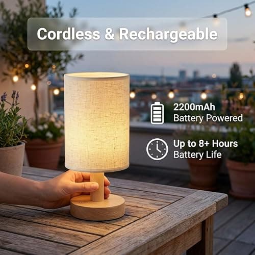 Puzipha Small Cordless Rechargeable Table Lamp, Touch Control Dimmable 2700K Warm Light, Natural Wood Base Linen Shade for Bedroom Dorm Nightstand thumbnail 3