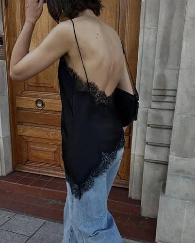 Women Lace Trim Satin Tank Top V Neck Silk Camisole Tops Asymmetrical Backless Spaghetti Strap Tank Cami Shirts thumbnail 7