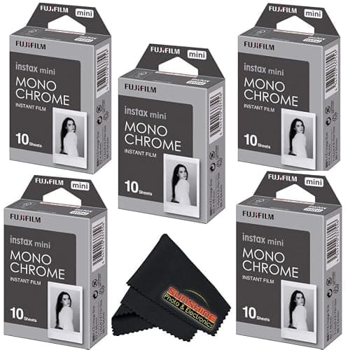 Fujifilm Instax Mini Film Variety Pack – 5 Unique Styles for Instax Cameras + Bonus Sunshine Photo Microfiber Cleaning Cloth - Monochrome - (5 Pack X 10 Sheets) - Image 1