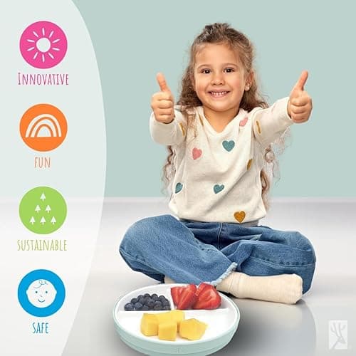 Elk and Friends Kids 6.7” Porcelain Divided Plates with Silicone Sleeves | Suitable for Babies/Kids/Toddlers | Microwave & Dishwasher Safe | Non Slip | Snack Dishes - Sage/Misty Blue/Navy/Gray - 6.7" Divided thumbnail 8