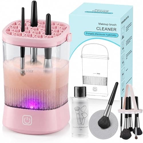 Electric Makeup Brush Cleaner Kit with Cleaning Solution, 9000 RPM, Pink | Automatic Cleaning, IP65 Water-Resistant Design, Multi-Size Holders, Cleans Makeup Brushes and Sponges, Compact for Travel - Image 1