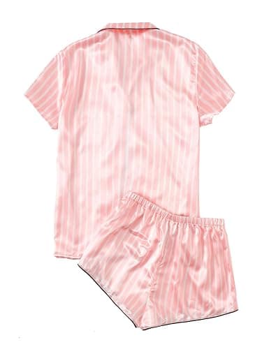 WDIRARA Women's Sleepwear Satin Short Sleeve Shirt and Shorts Pajama Set thumbnail 2