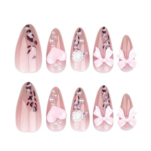 Leopard French Tip Press On Nails - Pointed Almond Glossy Pink Heart Design, Full Cover Nude Glue On False Nails for Women & Girls thumbnail 4