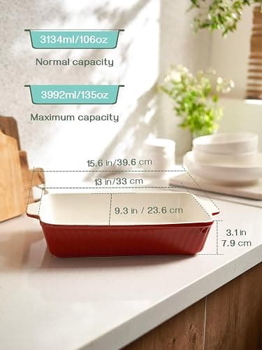 DOWAN 9x13-inch Deep Casserole Baking Dish for Lasagna, 135 oz Ceramic Pan with Handles, Oven Safe for Baking and Home Decor, Red thumbnail 3