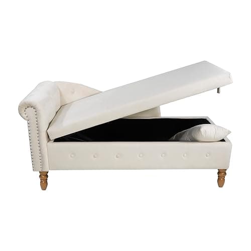 58.26 in Corner Lounge Sofa with Storage Upholstered Velvet Fabric Chaise Lounge Chair Indoor with Pillow & Nailhead Trim, Modern Sleeper Sofa Bed for Bedroom, Living Room & Apartment (Beige) thumbnail 7