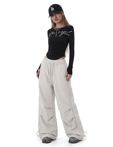 NEVSTUDIO Dance Pants for Women, Wide Leg Parachute Pant, Baggy Sweatpants with Elastic Waist, Casual Y2k Streetwear thumbnail 4