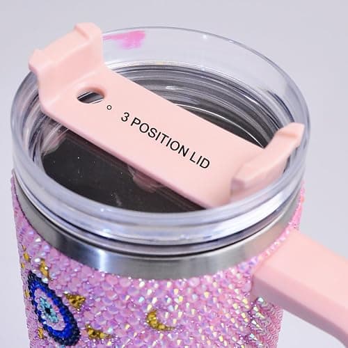 Cupcupmore 40 oz Pink Evil Eye Bling Rhinestone Stainless Steel Sippy Tumbler Glitter Vacuum Insulated Water Bottle with Straw & Lid &Handle,Sparkle Car Cup Holder,Keeps Cold 12 Hours Drinks,Coffee thumbnail 5