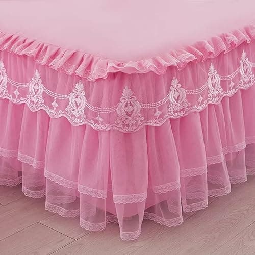 MSCEE Lace Bed Skirt King Size Wrap Around Bed Skirt Sheet Set Leaf Ruffle Pleated Bedskirt for King Bed Decorative Bedspread with 2 Pillow Shams (Color : Beige, Size : 150x200cm) thumbnail 5