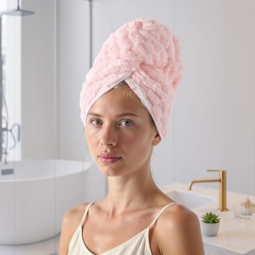 REDKISS 2 Pack Microfiber Hair Towels - Extra Large Hair Towel Wrap for Women, 24x42 inch Pink Hair Towels with Elastic Strap, Super Soft Blue Hair Drying Towels Curly Anti Frizz Turbans thumbnail 2