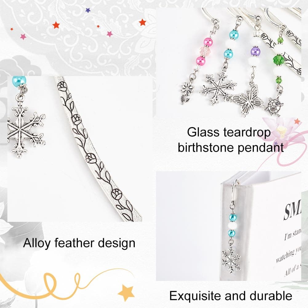 OLYCRAFT 4 Pcs Hook Alloy Bookmarks Glass Beaded Bookmarks Antique Silver Metal Bookmarks Vintage Bookmarks with Butterfly/Flower/Tortoise/Snowflake Pendant for Book Lovers - About 6.5 inch thumbnail 4