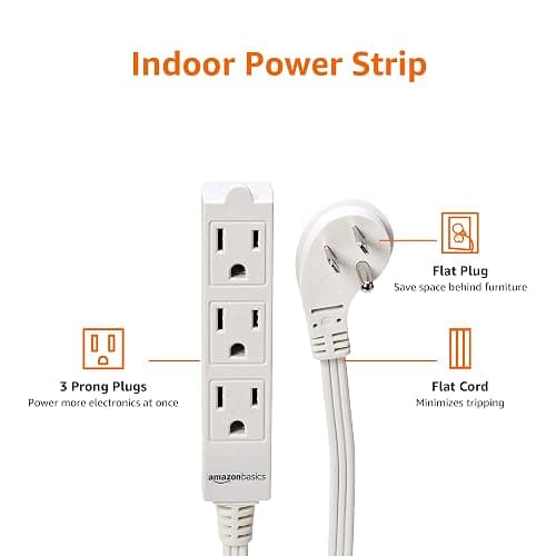 Amazon Basics 3-Prong Indoor Rectangle Extension Cord Power Strip, Flat Plug, Space-Saving, Grounded, 13 Amps, 1625 Watts, 125 VAC, 6 ft, White, 2-Pack thumbnail 3