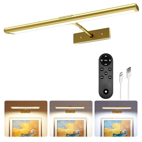 EZVALO Picture Light for Wall, 4800mAh Rechargeable Wireless Remote Lights, 16'' Dimmable Magnetic LED Art Painting Light with 3 Color Temps, Display for Gallery, Living Room, Bedroom, Hallway (Gold) - Image 1