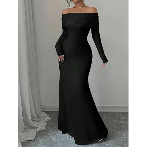 JYIXXZX Robe Femme Sexy Maxi Robes à Épaules Dénudées Elégant Manches Longues Bodycon Robes Longue Chic sans Bretelles Dos Nu Moulante Robe de Soirée Cocktail Nuit Clubbing Fête thumbnail 2