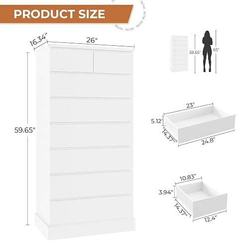 DICTAC White Tall Dresser for Bedroom with 8 Drawers, 59.6" Tall Dressers & Chests of Drawers, Modern Wood Closet Organizer and Storage Cabinet, Large Vertical Dresser for Bedroom, Closet, Hallway thumbnail 2
