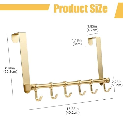 Gold Aluminium Over-The-Door Hanger with 6 Slideable Hook, Anodized Heavy-Duty Coat Hat Purse Key Organizer Rack for Bedroom, Bathroom & Hallway thumbnail 2