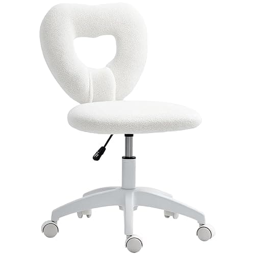 HOMCOM Armless Office Desk Chair, Height Adjustable Computer Task Chair, Modern Teddy Fleece Makeup Vanity Chair with Swivel Wheels, White - Image 1