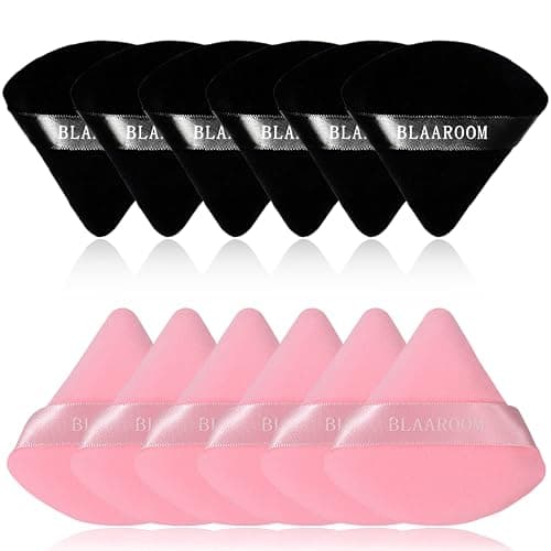 BLAAROOM 12 Pieces Velour Pure Cotton Powder Puff Face Makeup Triangle Powder Puffs for Loose Powder Wet Dry Cosmetic Foundation Beauty Sponge Makeup Tools -Black & Pink - Image 1