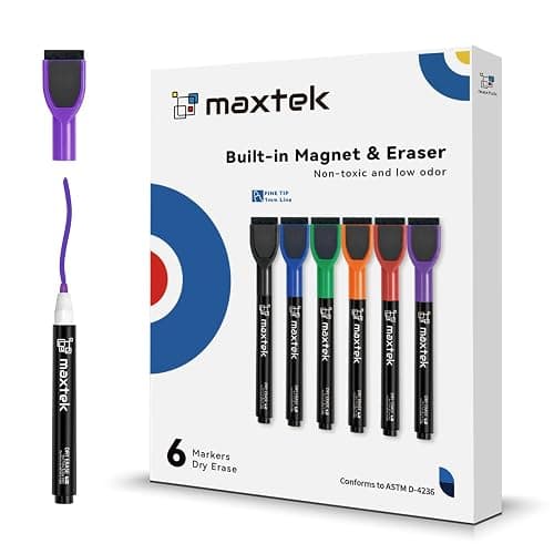 maxtek Dry Erase Markers - 6 Count Colorful Magnetic Dry Erase Markers Fine Tip with Eraser, Low Odor Whiteboard Markers for Calendar Boards - Image 1