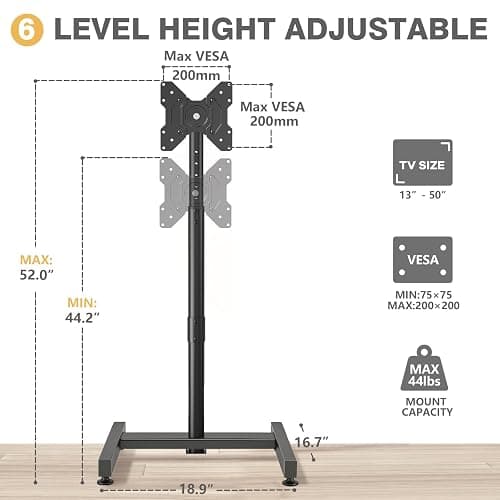 TVON TV Floor Stand for 13-50 inch LCD LED Flat/Curved Panel Screen TVs up to 44 lbs, Height Adjustable TV Stand Mount with VESA 200x200, Portable TV Stand for Bedroom, Dorm Room, Office thumbnail 5