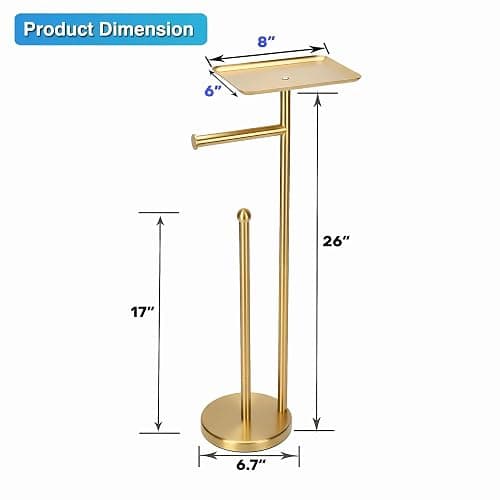 Gold Toilet Paper Holder with Shelf, Freestanding Tissue Holder Stand with Storage Space for Extra 4 Toilet Paper Rolls (Stainless Steel Base, Gold) thumbnail 2