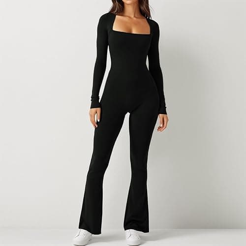 Long Sleeve Jumpsuits for Women Square Neck Wide Leg Full Length Romper Playsuit Flare Jumpsuits Black Small thumbnail 2