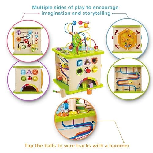 Hape Country Critters Play Cube| Wooden Learning Puzzle Toy for Toddlers, 5-Sided Activity Centre with Animal Friends, Shapes, Mazes, Wooden Balls, Shape Sorter Blocks and More thumbnail 4