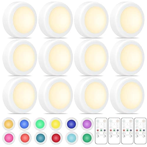Aokpsrt Puck Lights with Remote Control, 16 Color Changeable Wireless LED Light,Under Cabinet Lights, Battery Operated Light with Dimmer & Timmer Great for Closet, Bedroom,Kitchen(12 Packs) - 12 Packs - White - Image 1