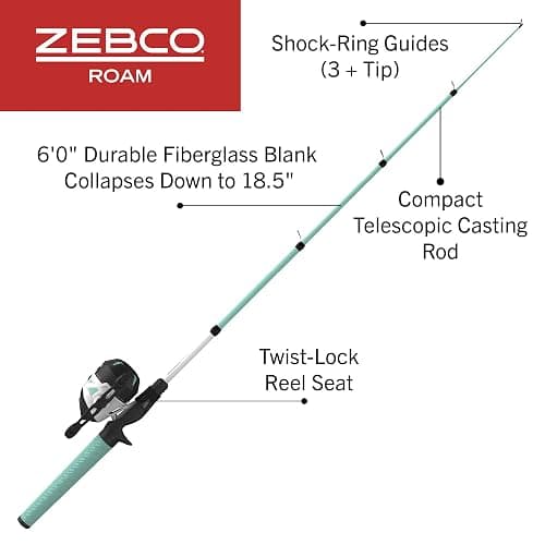 Zebco Roam Telescopic Fishing Rod and Spinning or Spincast Fishing Reel Combo, Durable 6-Foot Fiberglass Rod with ComfortGrip Handle, Pre-spooled with Zebco Cajun Fishing Line thumbnail 2