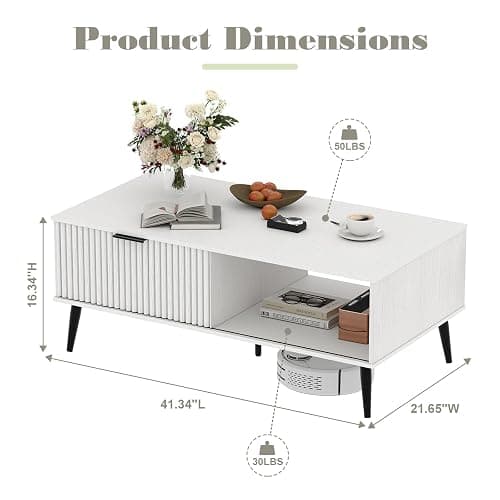 41.34''D Coffee Table, 2-Tiers Farmhouse Coffee Tables With Storage and Sliding Wave Pattern Door, Modren Tea Table, Wooden Dining Center Tables for Living Room, Office, Bedroom, Outdoors, White - White thumbnail 2