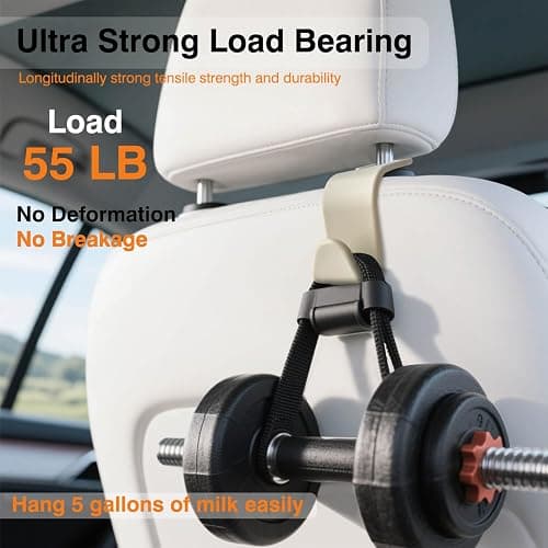 KULOLO 4-Pack Car Seat Hooks - 55 lb Each, Fits 0.32-0.55 in Headrest Rods | Purse holders; PP construction; tool-free setup; 360° swivel; beige; for groceries, backpacks, gym bags, and baby gear thumbnail 5