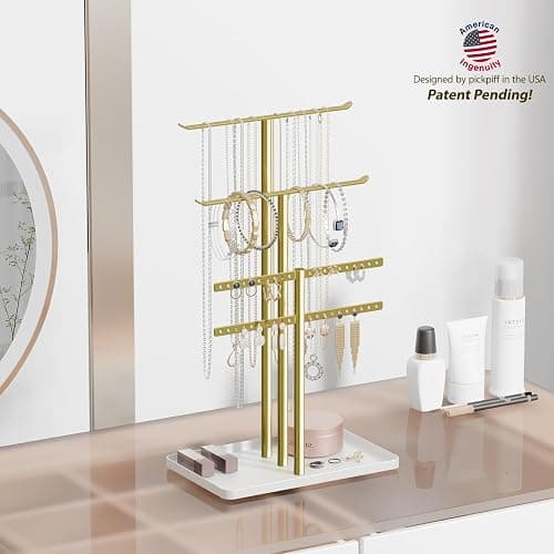 Jewelry Stand Organizer, 37CM Tall Sturdy Metal, 3-Tier Jewelry Holder for Necklace, Earring, Bracelet, Ring, Hanger for Display and Storage, Aesthetic Room Decor, Gold Jewlery Stand with White Tray thumbnail 2