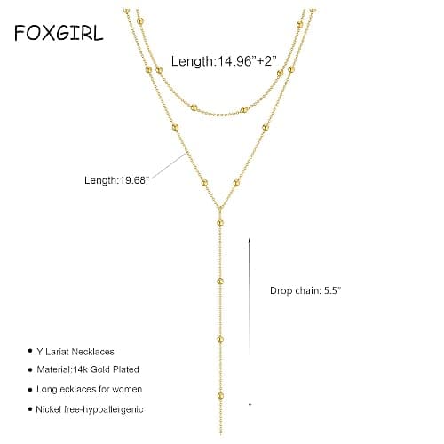 Foxgirl Lariat Gold Necklace for Women, Dainty Long Necklace 14k Gold Plated/Silver Y-Shaped Pendant Necklace Trendy Layered Cz Beaded Chain Drop Necklaces Simple Gold Jewelry For Women Gift thumbnail 5