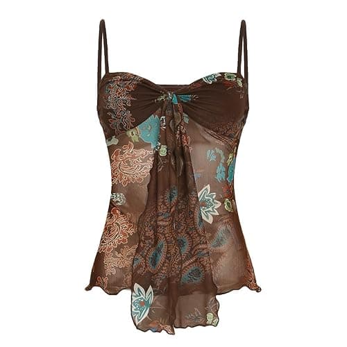 Women's Retro Printed Halter Top,Mesh Pleated Strappy Neck,Stylish Sleeveless Slim Top Base Layer - Image 1