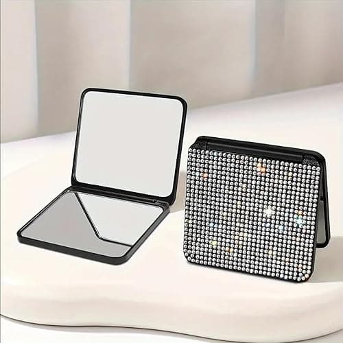 Sparkly Rhinestone Small Folding Mirror Cute Bling Mini Handheld Makeup Mirror Portable Travel Pocket Mirror Crystal Cosmetic Mirror (Black) thumbnail 7