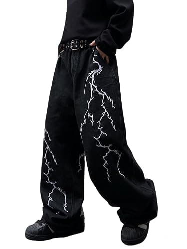 DFGIGT Men's Hip-hop Embroidered Baggy Jeans Loose Fit Denim Black Trousers - Image 1