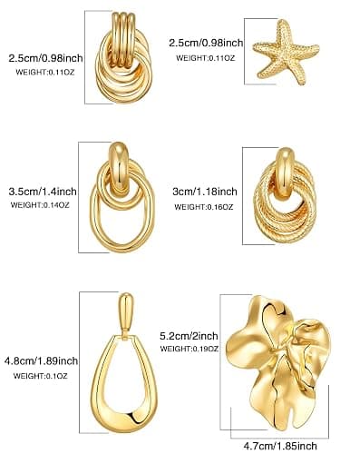 AIDSOTOU 6 Pairs Chunky Gold Earrings For Women Trendy Statement Gold Plated Flower Shell knot Dangle Earrings Lightweight Hypoallergenic Fashion Jewelry Set thumbnail 5