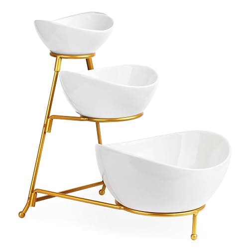 LAUCHUH 3 Tier Serving Stand Serving Dishes for Entertaining Porcelain Oval Bowl Set Tiered Serving Tray for Fruit, Vegetable, Nuts, Salad, Chip Dip Bowl Set for Father's Day, Gold - Image 1