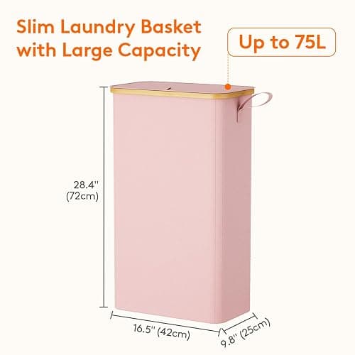 Lifewit 75L Slim Laundry Hamper with Lid and Removable Bag, Pink | Bamboo Handles, Foldable Narrow Laundry Baskets, Thin Laundry Bin, Dirty Clothes Hamper for Laundry, Bathroom, Bedroom, Dorm thumbnail 3