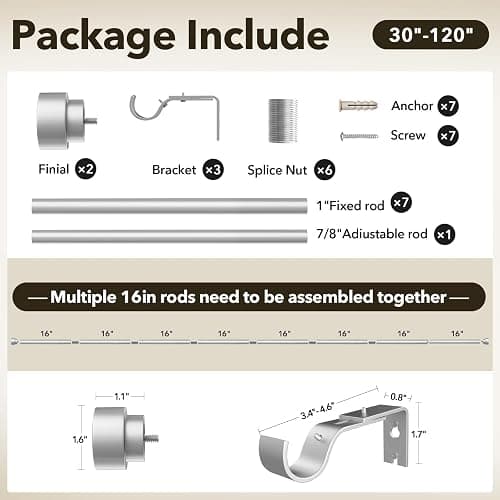 IFELS Heavy Duty Curtain Rods for Windows 66 to 120 Inch, 1 Inch Silver Window Curtain Rod for Bedroom, Living Room, Outdoor, Adjustable Easy Install Long Modern Curtain Rods(A1,Silver,30"-120") thumbnail 7