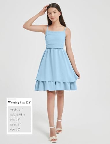 EXARUS Girls Flowy Ruffled Hem/Puff Bubble Dress Teen Ruched Summer Adjustable Spaghetti Strap Casual Cami Mini Dresses - Ruffled - 12 Years - Blue Ruffled thumbnail 5