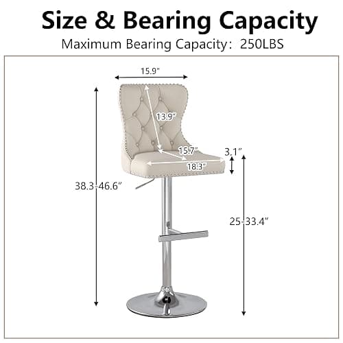 Swivel Bar Stools Set of 4, Velvet Height Adjustable Counter Chairs,Beige | Upholstered Modern Barstools with Button Tufted Back & Silver Footrest, For Dining Room Kitchen Island thumbnail 6